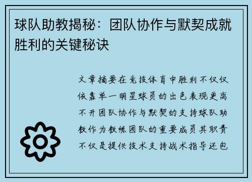 球队助教揭秘：团队协作与默契成就胜利的关键秘诀