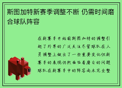 斯图加特新赛季调整不断 仍需时间磨合球队阵容