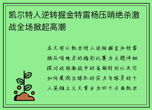 凯尔特人逆转掘金特雷杨压哨绝杀激战全场掀起高潮