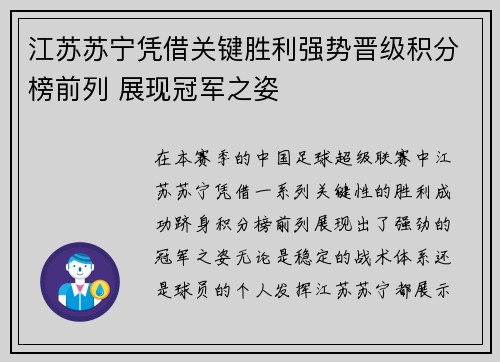 江苏苏宁凭借关键胜利强势晋级积分榜前列 展现冠军之姿