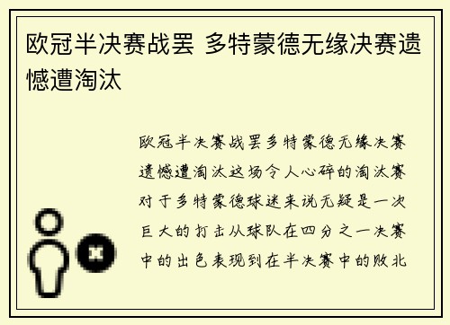 欧冠半决赛战罢 多特蒙德无缘决赛遗憾遭淘汰