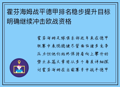 霍芬海姆战平德甲排名稳步提升目标明确继续冲击欧战资格